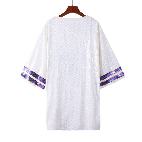 Sale‼️Buffalo Bills sequin dress. White Sequin T-Shirt with Blue and Red Buffalo - Picture 9 of 11